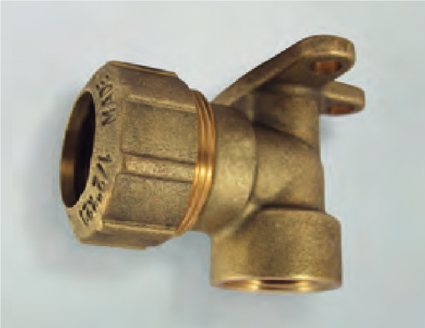 Messing PE-Kupplung Winkelform, Wandscheibe mit Innengewinde, Verschraubung und Wandfixierung - PE Kupplung aus Messing